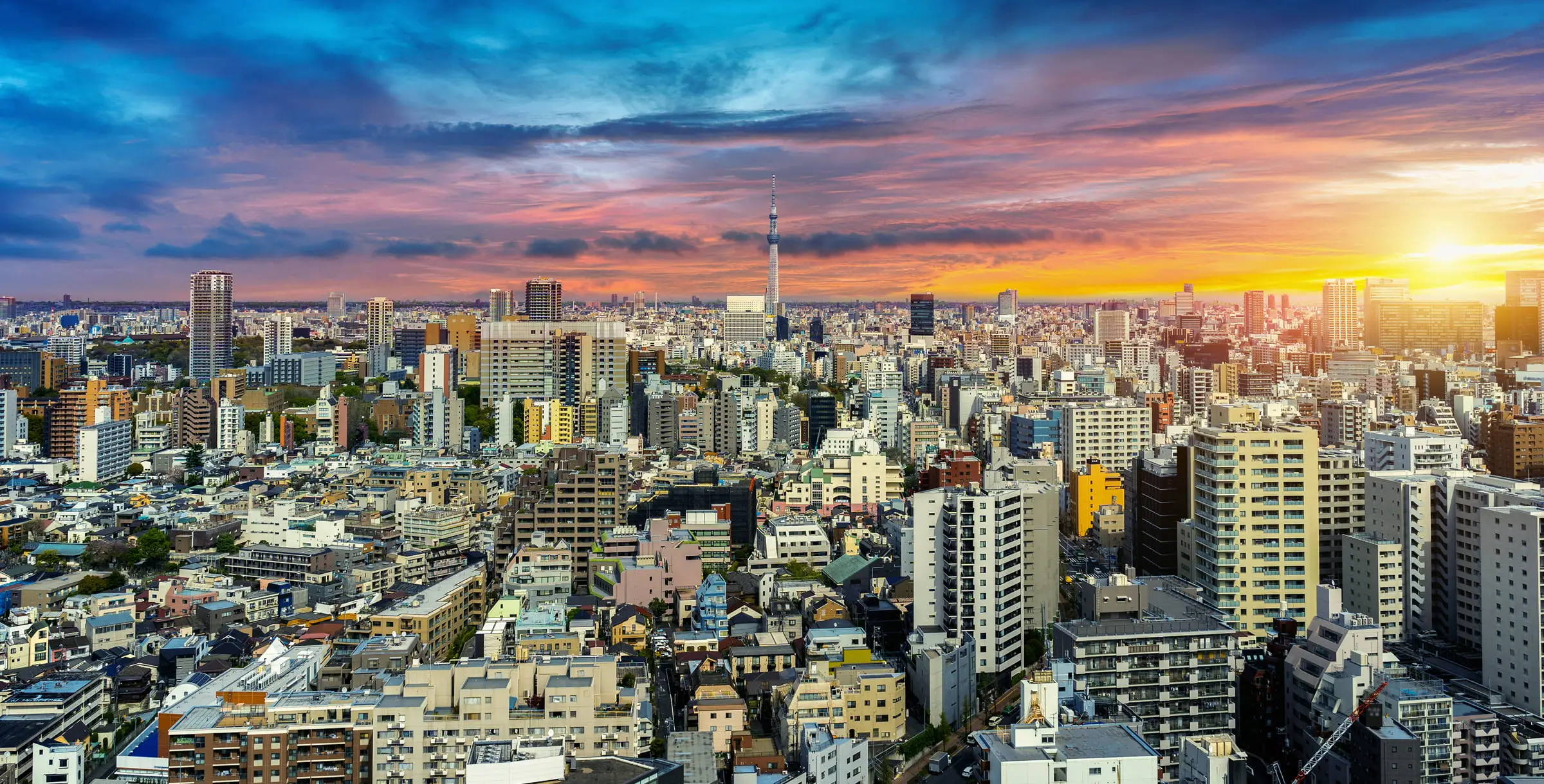 夕焼けまたは朝焼けの空の下、東京スカイツリーがそびえる広大な都市の空撮。無数の高層ビルや住宅が密集する東京の街並みが広がる。