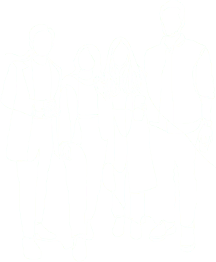 4人の人物が横並びで立つ線画イラスト