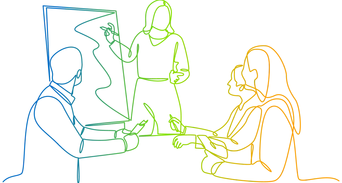 会議室でプレゼンテーションを行う4人の人物の連続線画イラスト（青、緑、オレンジのグラデーション）