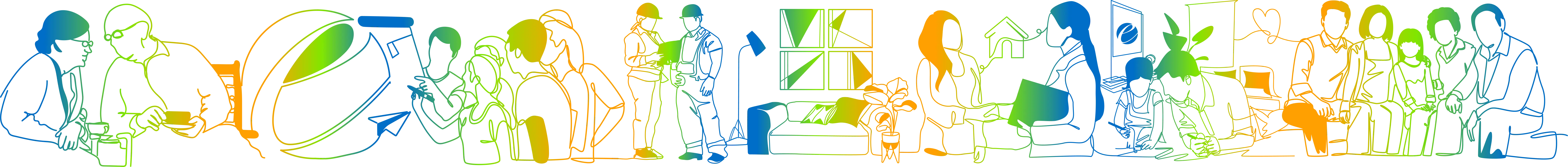 様々な人生のシーンと人々を描いた、グラデーションの線画イラスト